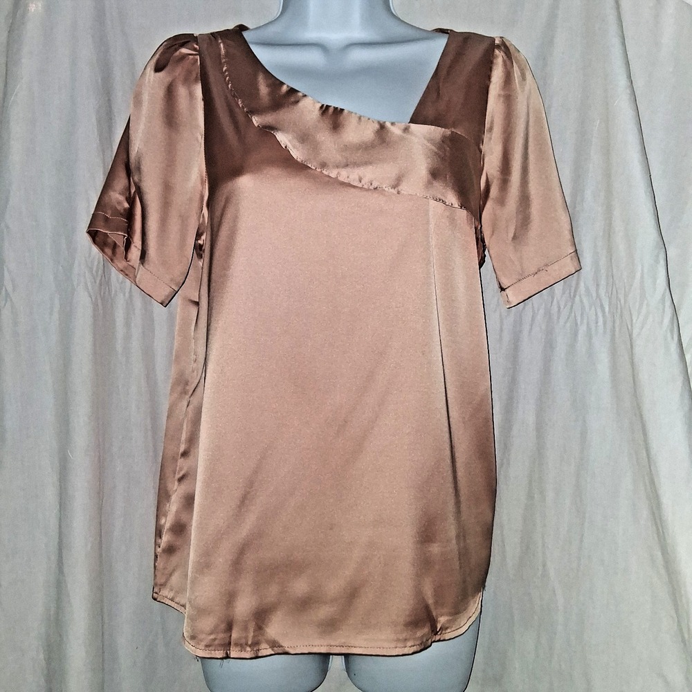 Zanzea Tan Champagne Blouse Career Wear Asymmetrical Neck Women's S Small Silky